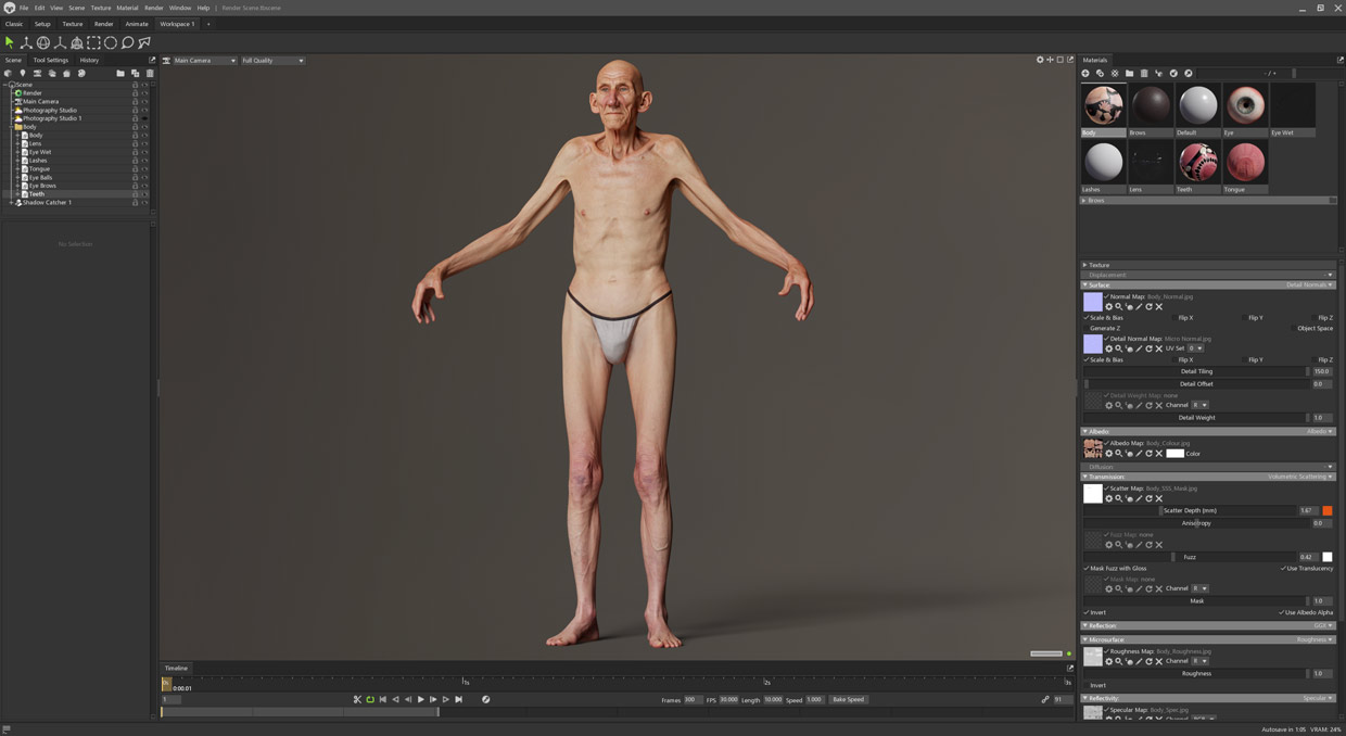 Marmoset toolbag scene with realistic 3d body model and lighting and shading including skin shader. 